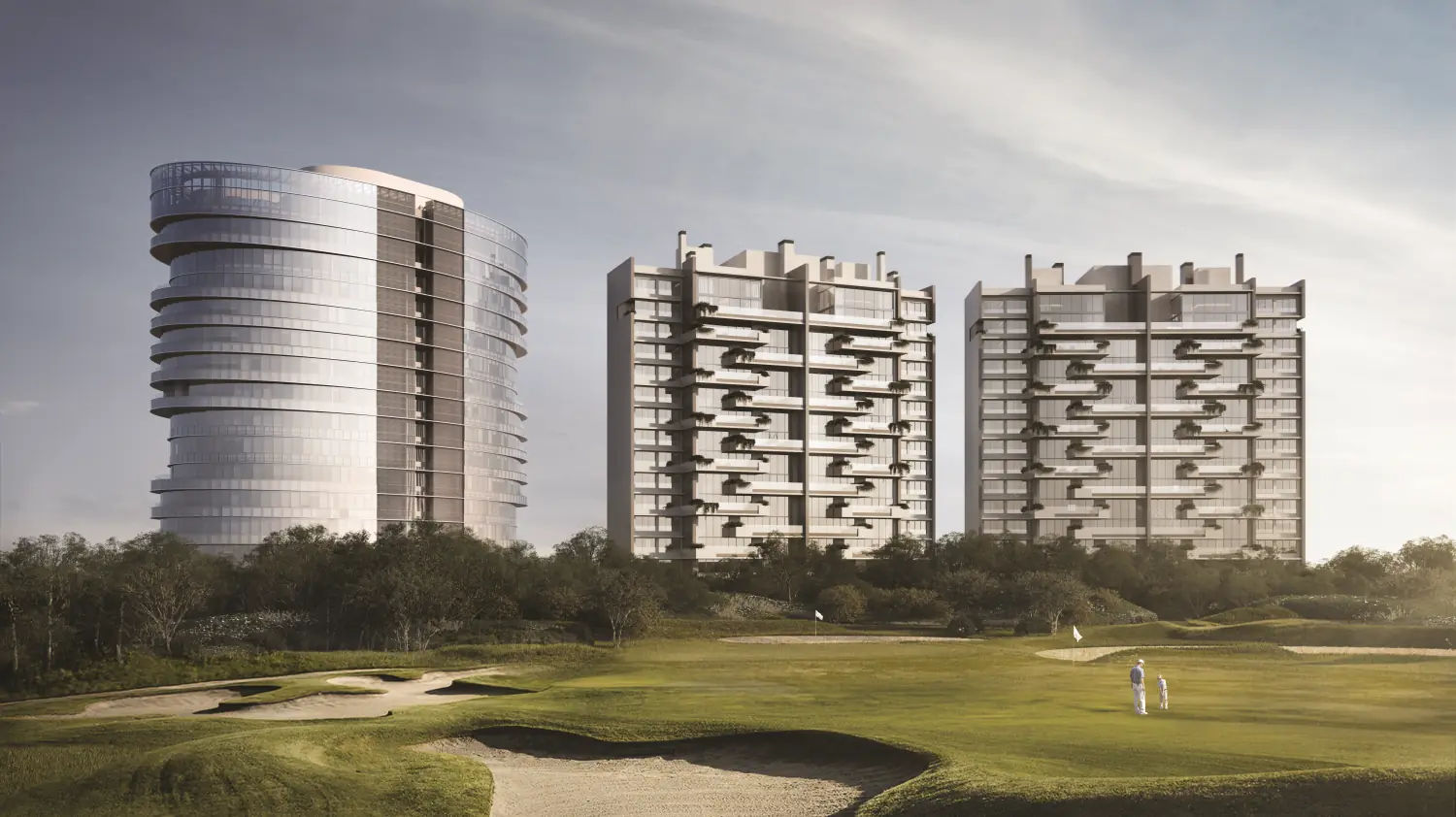 Três torres do empreendimento diante de um campo de golfe, em Boa Vista, Porto Alegre